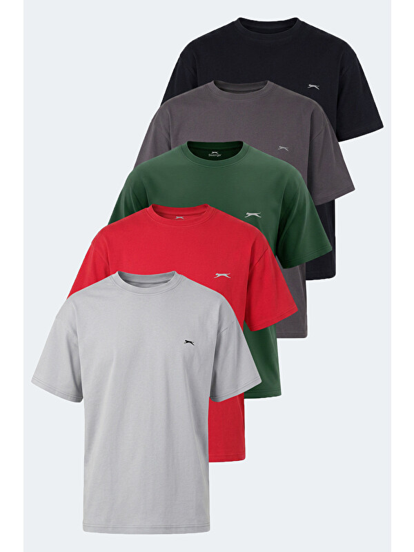 SLAZENGER KULANA 5 Lİ SET Erkek Yeşil - Koyu Gri - Kırmızı - Lacivert - Gri Tişört