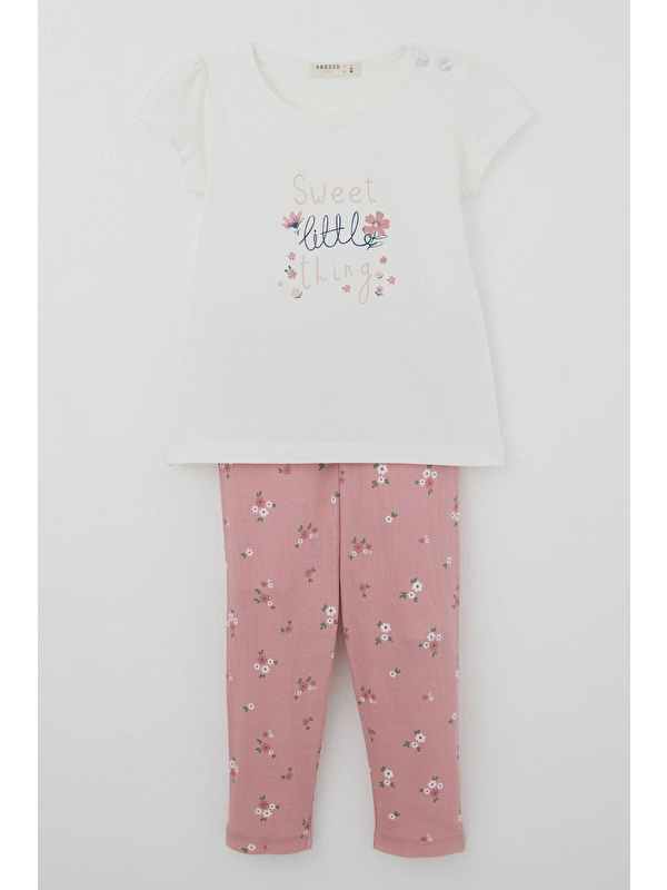 Breeze Kız Çocuk Kısa Kollu Taytlı Takım Çiçek Desenli Ekru (1.5-5 Yaş)