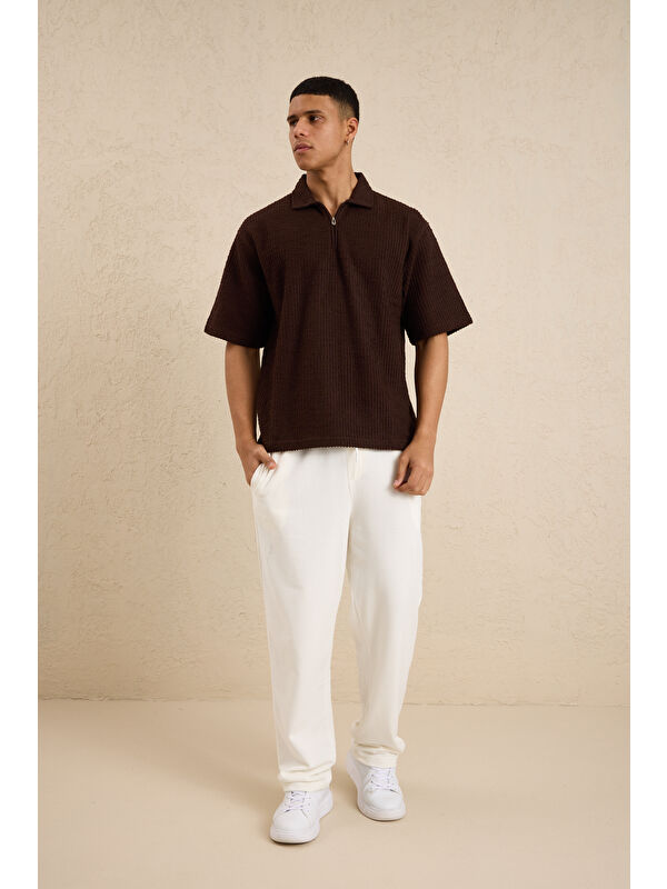 Danger Erkek Teknik Kumaş Polo Yaka Tshirt Kahverengi