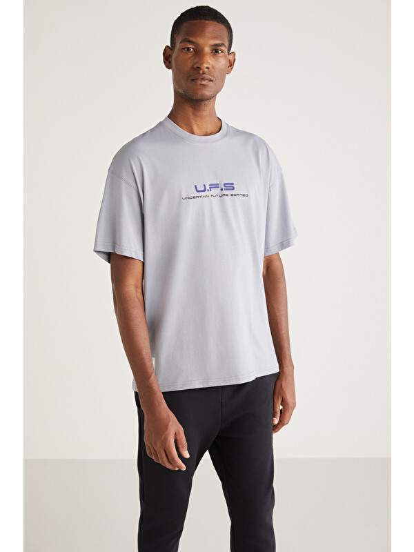 GRIMELANGE CRISPIN Erkek Bisiklet Yaka %100 Pamuk Baskı Detaylı AÇIK GRİ T-Shirt