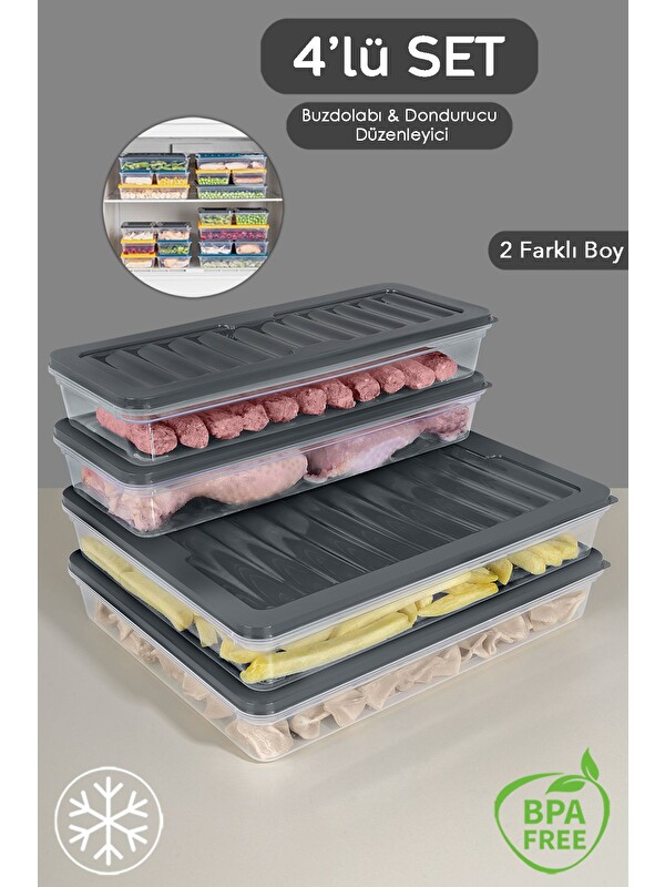 Meleni Home 4 Parça Buzdolabı Düzenleyici Organizer Set Mikrodalga Difriz Kabı 2x2400 ml 2x1170 ml Antrasit