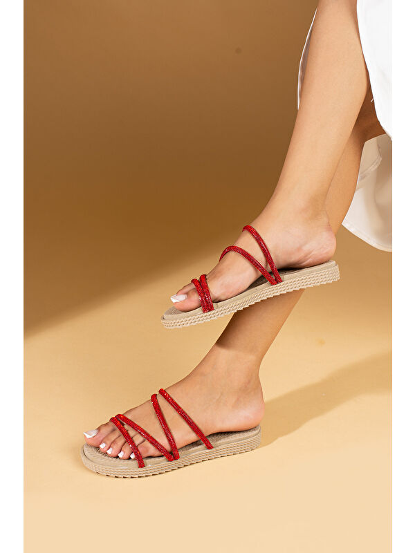 Parlak Taşlı İnce Bantlı Hasır Taban Comfort Kadın Sandalet - Görsel 4