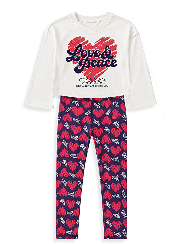 Denokids Kız Çocuk İkili Tayt Takım Kalpli Pamuklu T-shirt ve Tayt Eğlenceli Tasarım (5-10 Yaş)