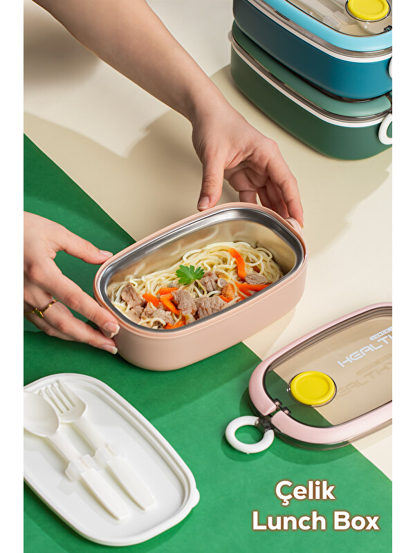 Porsima Posima 3114 Vakumlu Lunch Box Çelik Kolay Kilitlenir Kendinden Kaşıklı Sefer Tası – 750ml Pembe