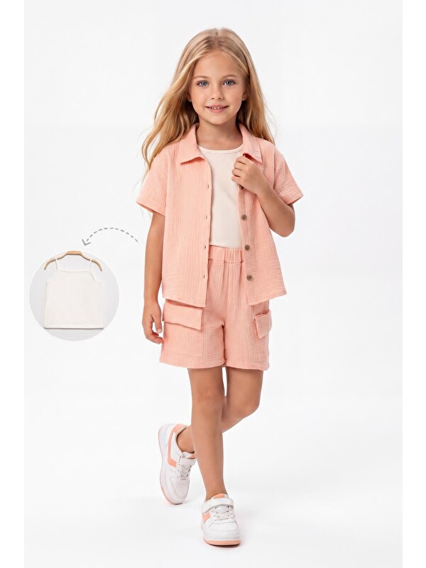 Mnk Baby & Kids Kız Çocuk 3 Parça Pamuklu Müslin Rahat Takım M00837