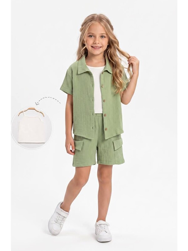 Mnk Baby & Kids Kız Çocuk 3 Parça Pamuklu Müslin Rahat Takım M00837