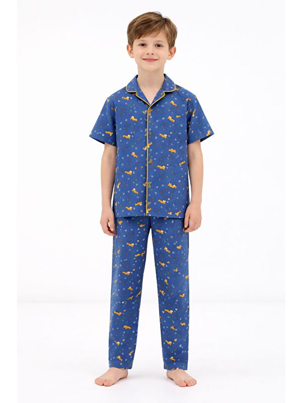 Cansın Mini Lacivert Desenli Düğmeli Erkek Çocuk Kısa Kol Pijama Takımı 23825