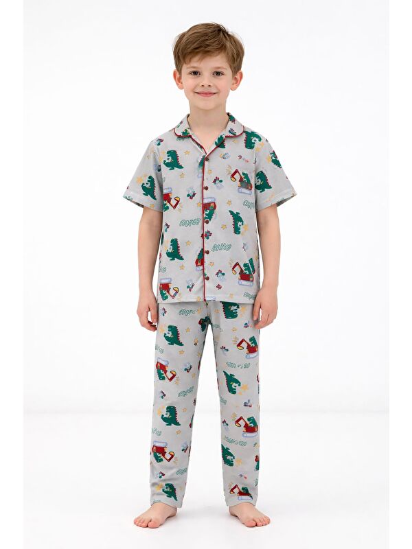 Cansın Mini Gri Trex Desenli Düğmeli Erkek Çocuk Kısa Kol Pijama Takımı 23824