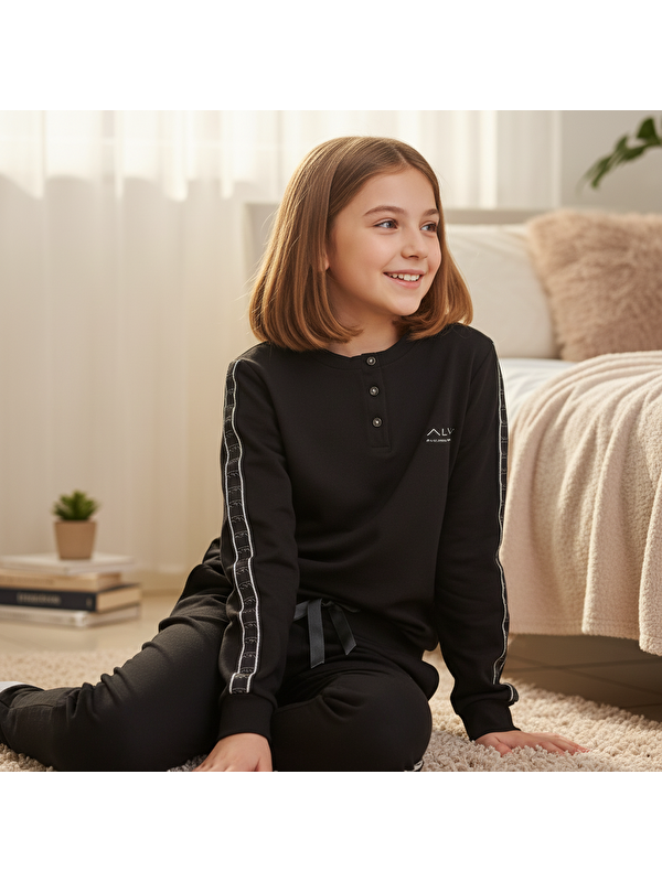 Bonbon Genç Kız Pamuklu Siyah Renk Pijama Takımı Al507 V1 Bb2446