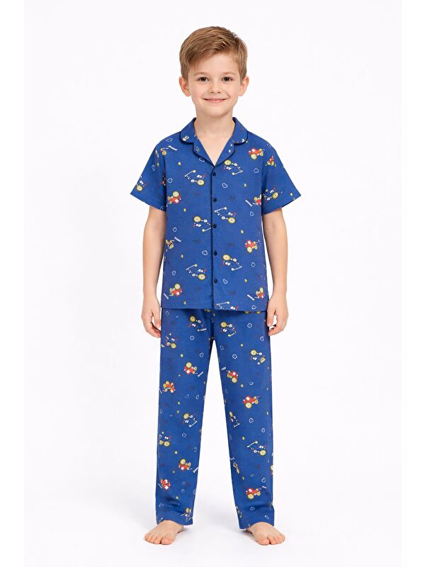 Cansın Mini Lacivert Araba Desenli Düğmeli Erkek Çocuk Kısa Kol Pijama Takımı 23823