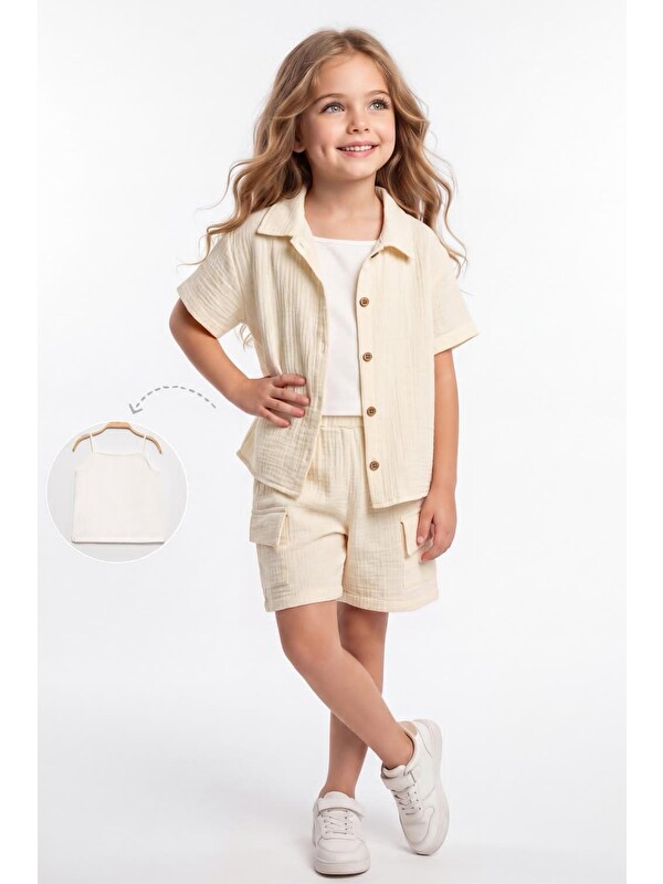 Mnk Baby & Kids Kız Çocuk 3 Parça Pamuklu Müslin Rahat Takım M00837