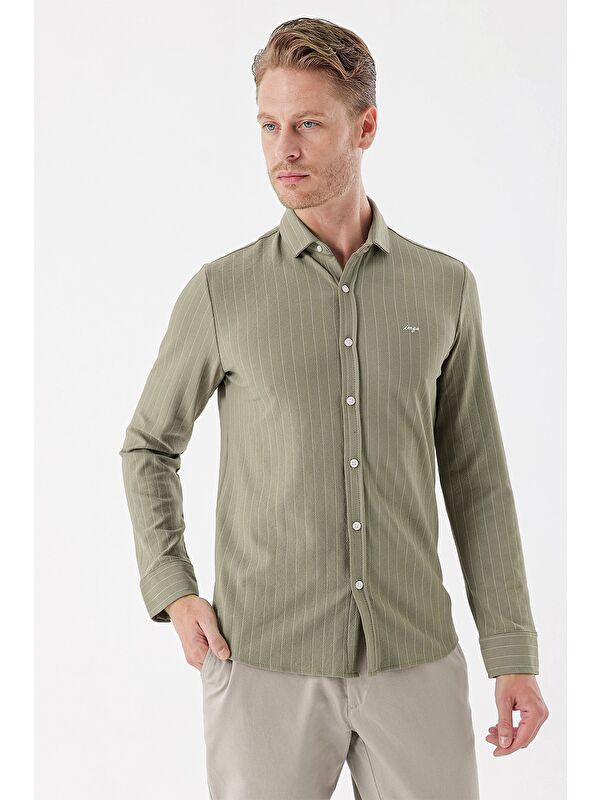İMZA Koyu Haki Uzun Kollu Çizgili Örme Cepsiz Casual Slim Fit Dar Kesim Gömlek 1004235114