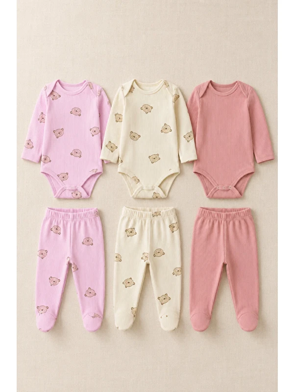 Mai Perla Kız Bebek Ayıcık Desenli 6 Parça 3 Set Fitilli Body Patikli Alt Takım 0-9 Ay