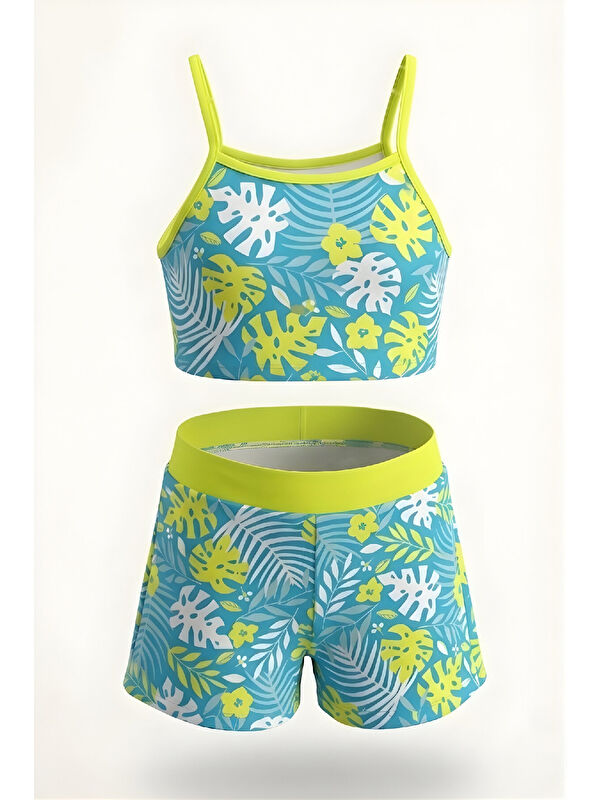 Modanino Kız Çocuk Ayarlanabilir Askılı Kollu Bikini ve Şortlu Mayo Takımı 2-7 Yaş 12604B