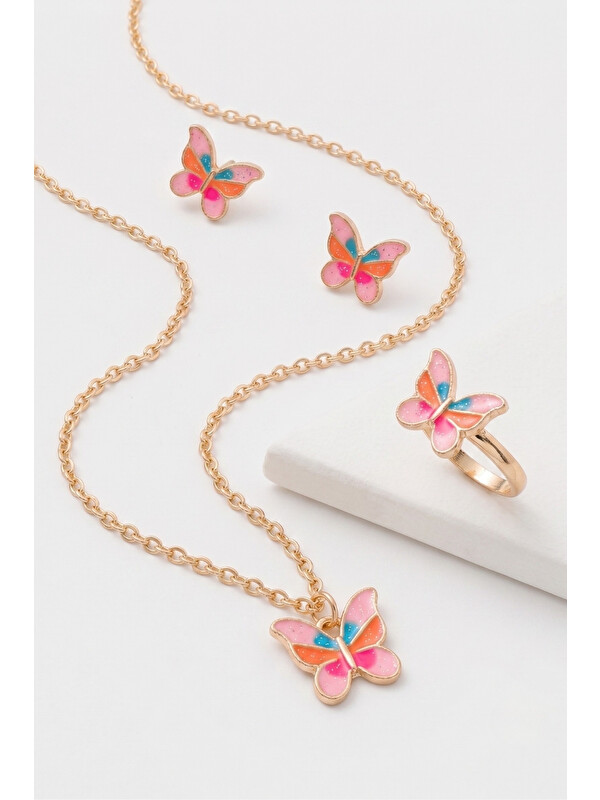 Le Mabelle Pembe  Kelebek Figürlü Kız Çocuk Kolye Yüzük ve Küpe Set