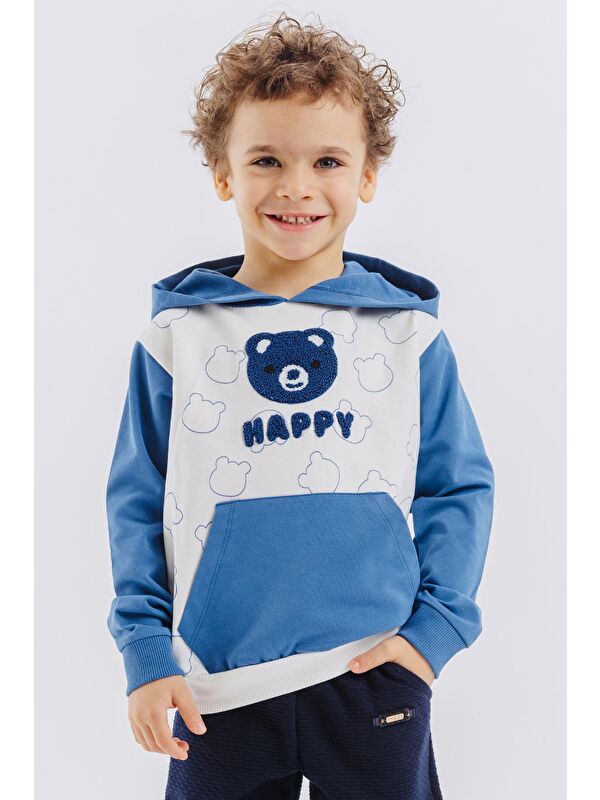 Breeze Erkek Bebek Sweatshirt Mutlu Ayıcık Nakışlı Kapüşonlu Ekru (1.5-5 Yaş)