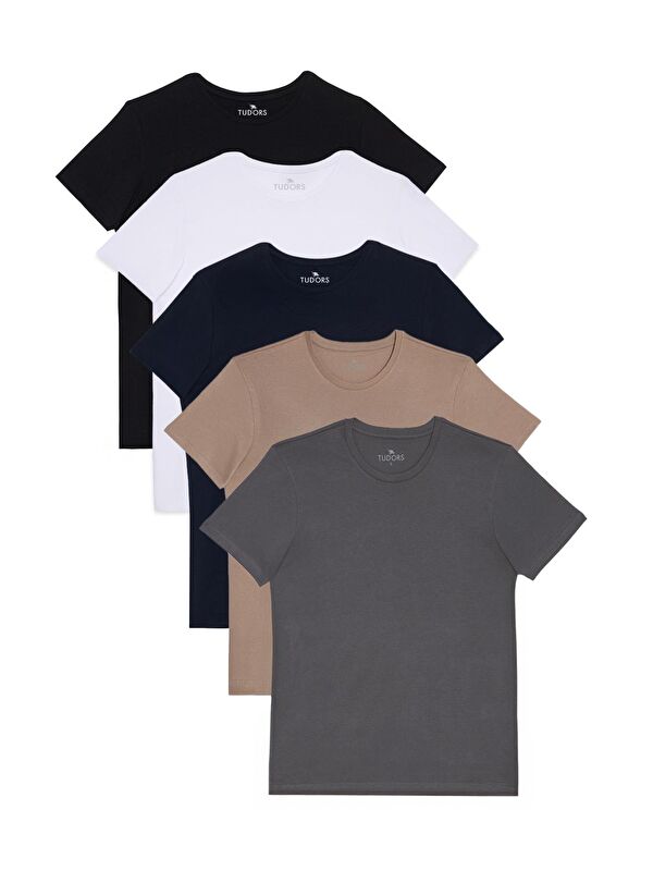 TUDORS Unisex 5'Li Paket Siyah-Beyaz-Lacivert-Vizon-Gri Slim Fit Dar Kesim %100 Pamuk Bisiklet Yaka Tişört
