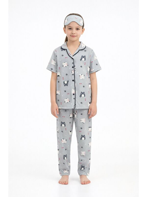 Cansın Mini Gri Kedi Desenli Düğmeli Kısa Kol Kız Çocuk Göz Bantlı Pijama Takımı 23818