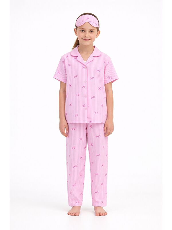 Cansın Mini Pembe Çizgi Desenli Fiyonklu Kısa Kol Kız Çocuk Göz Bantlı Pijama Takımı 23819