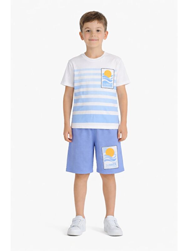 Cansın Mini Mavi Çizgi Desenli Summer Baskı Erkek Çocuk Şortlu Tişörtlü Takım 23784