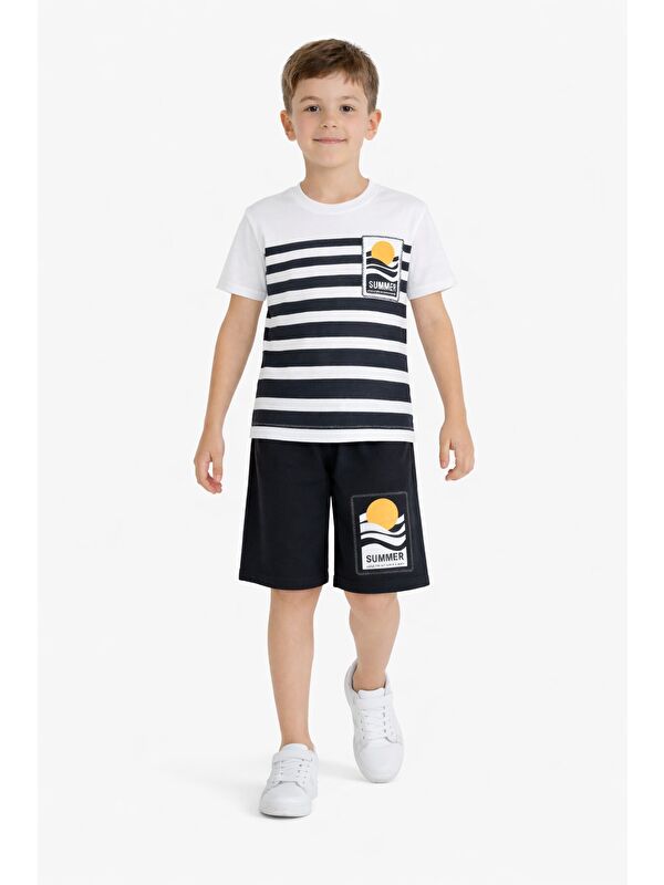 Cansın Mini Siyah Çizgi Desenli Summer Baskı Erkek Çocuk Şortlu Tişörtlü Takım 23783