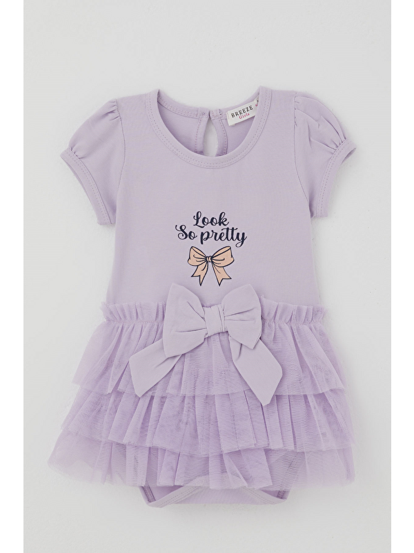 Breeze Kız Bebek Kısa Kollu Çıtçıtlı Zıbın Elbise Tütü Etekli Fiyonk Detaylı Lila (6 Ay - 2 Yaş)