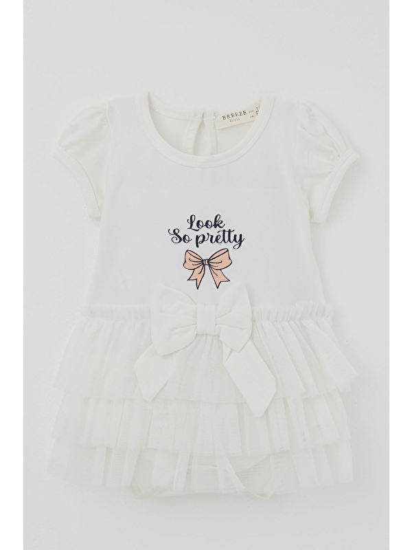Breeze Kız Bebek Kısa Kollu Çıtçıtlı Zıbın Elbise Tütü Etekli Fiyonk Detaylı Ekru (6 Ay - 2 Yaş)