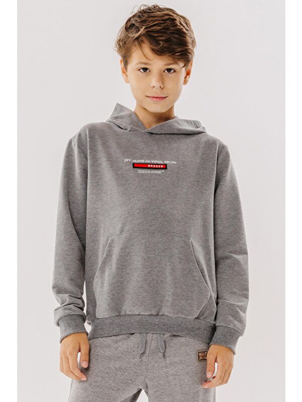 Breeze Erkek Çocuk Sweatshirt Yazı Baskılı Armalı Kanguru Cepli Koyu Gri Melanj (8-14 Yaş)