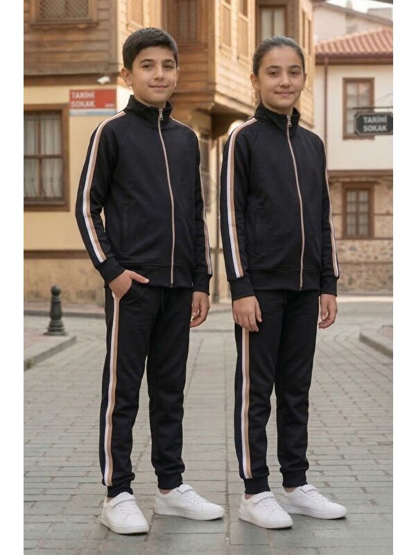 Pina Kids Unisex Çocuk Dik Yaka Üç Şeritli Şardonlu Dalgıç Eşofman Takımı