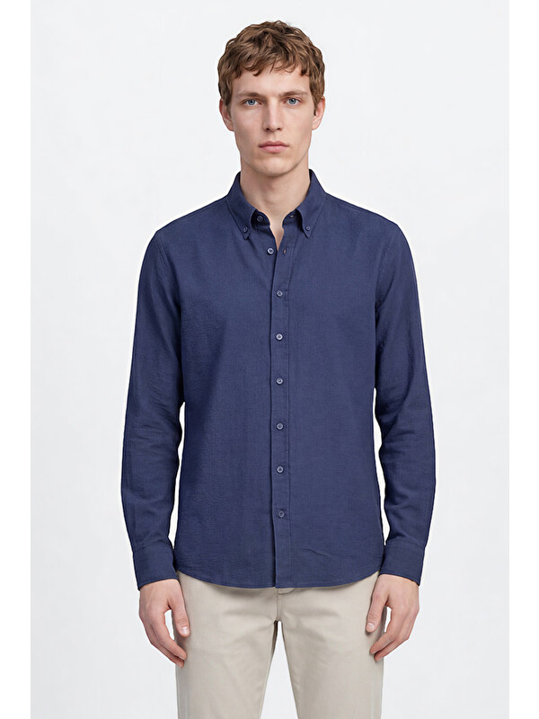 Altınyıldız Classics Erkek Lacivert %100 Pamuk Slim Fit Dar Kesim Düğmeli Yaka Gofre Desenli Gömlek