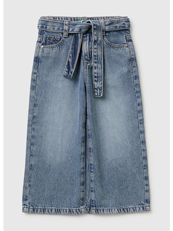 United Colors Of Benetton Kız Bebek Açık Denim Bol Paça Denim Düğmeli Kemerli Pantolon