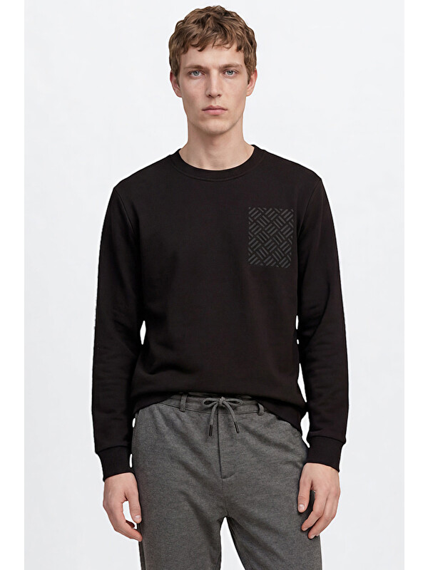 Altınyıldız Classics Erkek Siyah Pamuklu Standart Fit Normal Kesim Bisiklet Yaka Sweatshirt