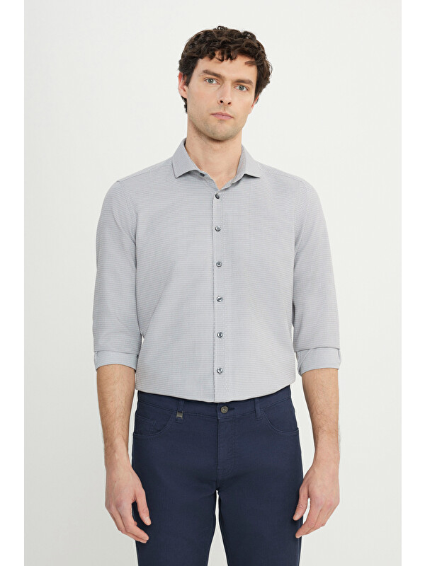 Altınyıldız Classics Erkek Gri Pamuklu Oxford Slim Fit Dar Kesim Küçük İtalyan Yaka Armürlü Gömlek