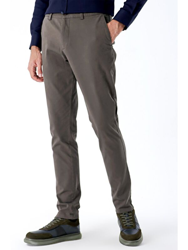 İMZA Koyu Haki Pamuklu Yandan Cepli Casual Slim Fit Chino Pantolon 1003235117