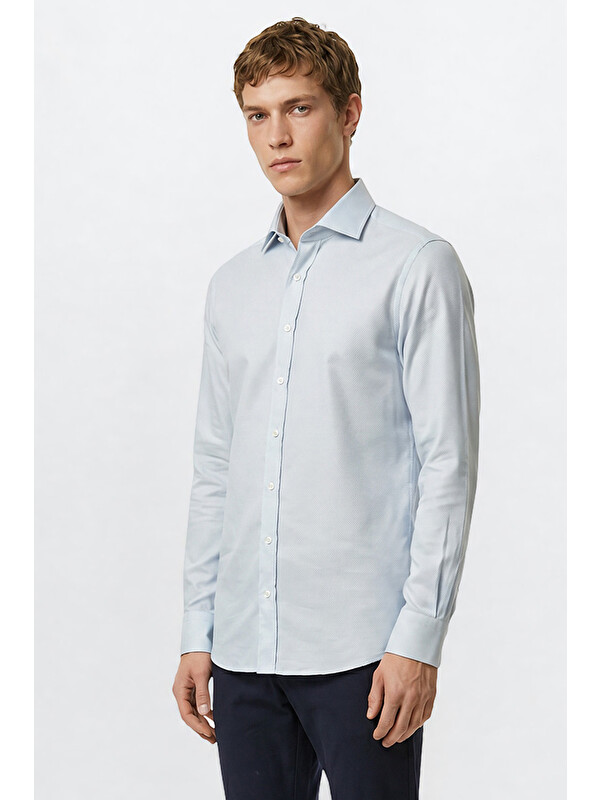 Altınyıldız Classics Erkek Mavi %100 Pamuk Slim Fit Dar Kesim Düğme Yaka Armürlü Gömlek
