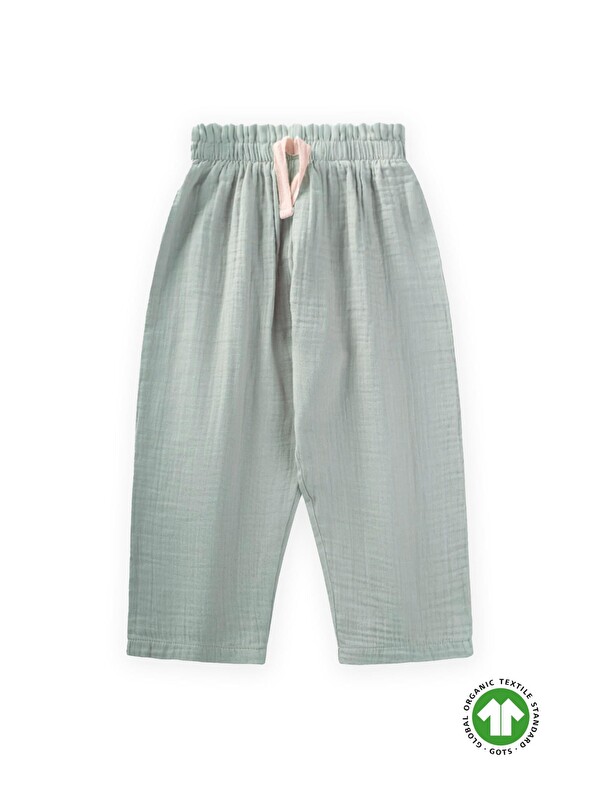 CİGİT Beli Fırfırlı Geniş Kesim Organik Müslin Pantolon 1-8 Yaş Mint Yeşili