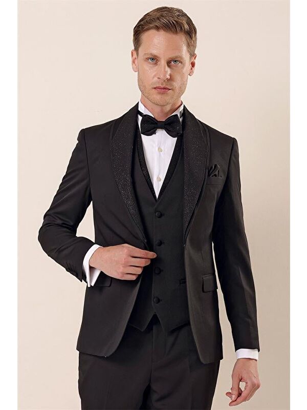 İMZA Desenli Çıkarılabilir Şal Yaka Yelekli 6 Drop Slim Fit Smokin Damatlık Takım 1001230210