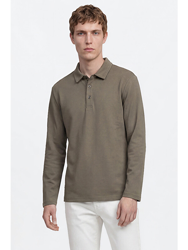 Altınyıldız Classics Erkek Haki Pamuklu Slim Fit Dar Kesim Polo Yaka Uzun Kollu Esnek Tişört