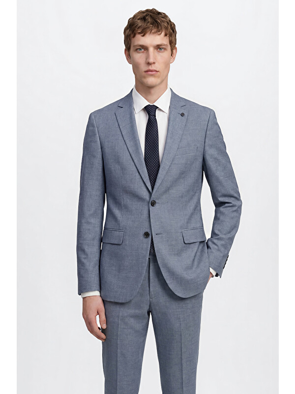 Altınyıldız Classics Erkek Mavi Yünlü Slim Fit Dar Kesim Kırlangıç Yaka Kapak Cepli Takım Elbise
