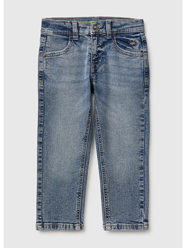 United Colors Of Benetton Erkek Bebek Açık Denim Önü Logo İşlemeli Slim Fit Cepli Denim Pantolon
