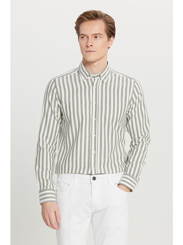 Altınyıldız Classics Erkek Haki-Beyaz %100 Pamuk Flanel Slim Fit Dar Kesim Düğmeli Yaka Çizgili Gömlek
