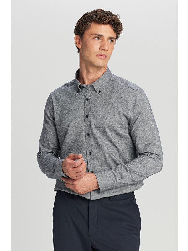Altınyıldız Classics Erkek Antrasit %100 Pamuk Slim Fit Dar Kesim Düğmeli Yaka Diagonal Desenli Flanel Gömlek