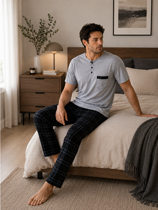 Formo PREMIUM Erkek %100 Doğal Pamuk Ekoseli Yüksek Kaliteli Düğmeli Kısa Kollu Pijama Takımı