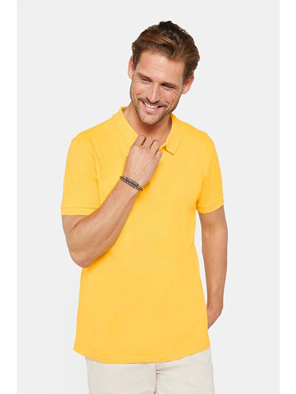 TUDORS Erkek Slim Fit Dar Kesim %100 Pamuk Sarı Polo Yaka Tişört