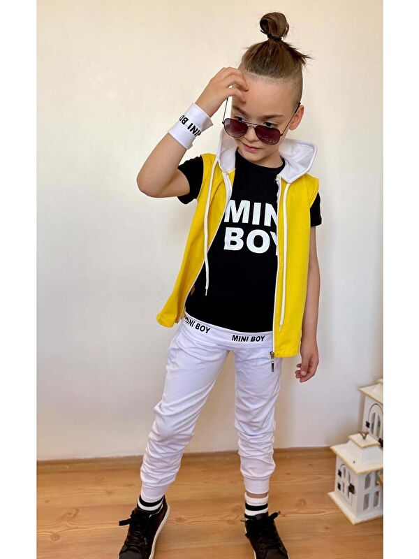 Riccotarz Erkek Çocuk Mini Boy Yazı ve Şerit Detaylı T-shirt Kolsuz Sarı Yelek Eşofman Takım