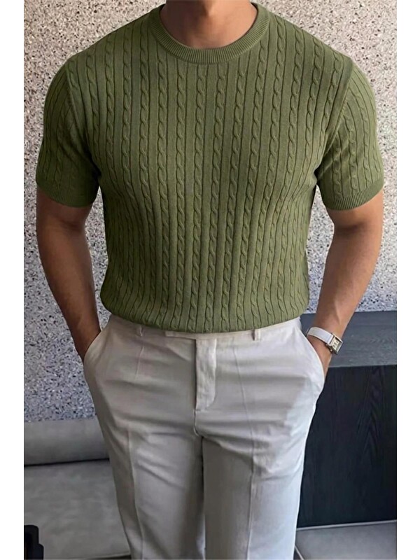 Oksit Kelly Lüks Seri Erkek Slim Fit Saç Örgü Desenli Bisiklet Yaka Kısa Kollu Triko Tişört