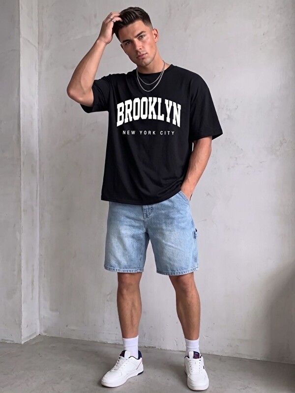 Trendseninle Siyah Brooklyn NTCity Organik Pamuk Dokulu Comfort Fit Bisiklet Yakalı Tişört