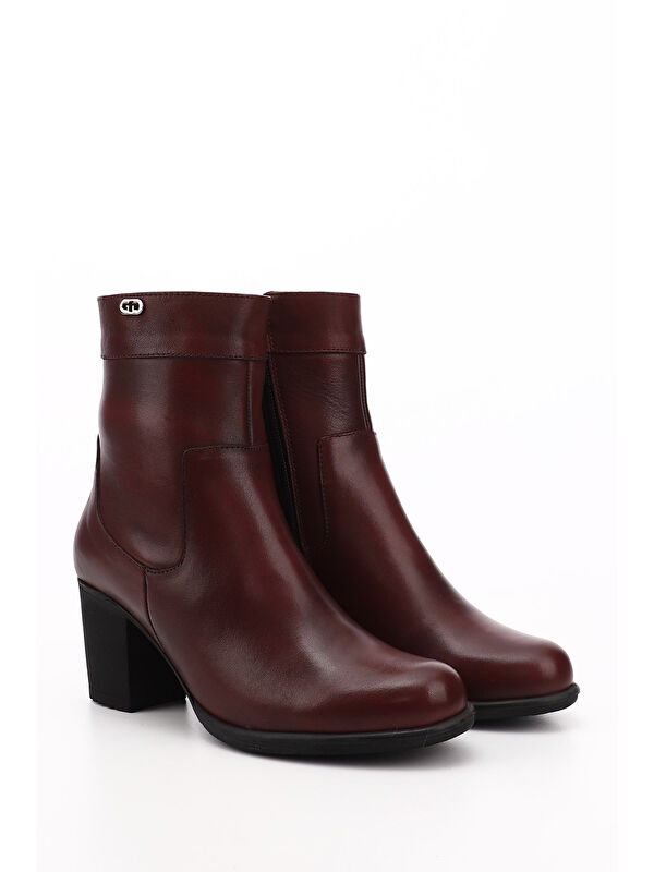 Kadın AÇIK BORDO Fermuarlı Kalın Topuklu Hakiki Deri Bot - Görsel 3