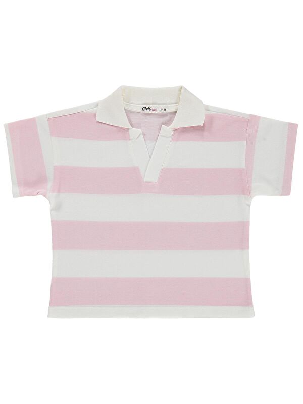 Civil Girls Çizgili Polo Yaka 2-5 Yaş Tişört - Pudra