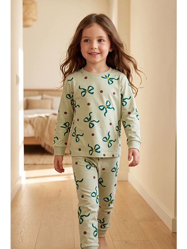 ZUZUNGA Kız Çocuk Fiyonk ve Puantiye Desenli Uzun Kollu Pijama Takımı